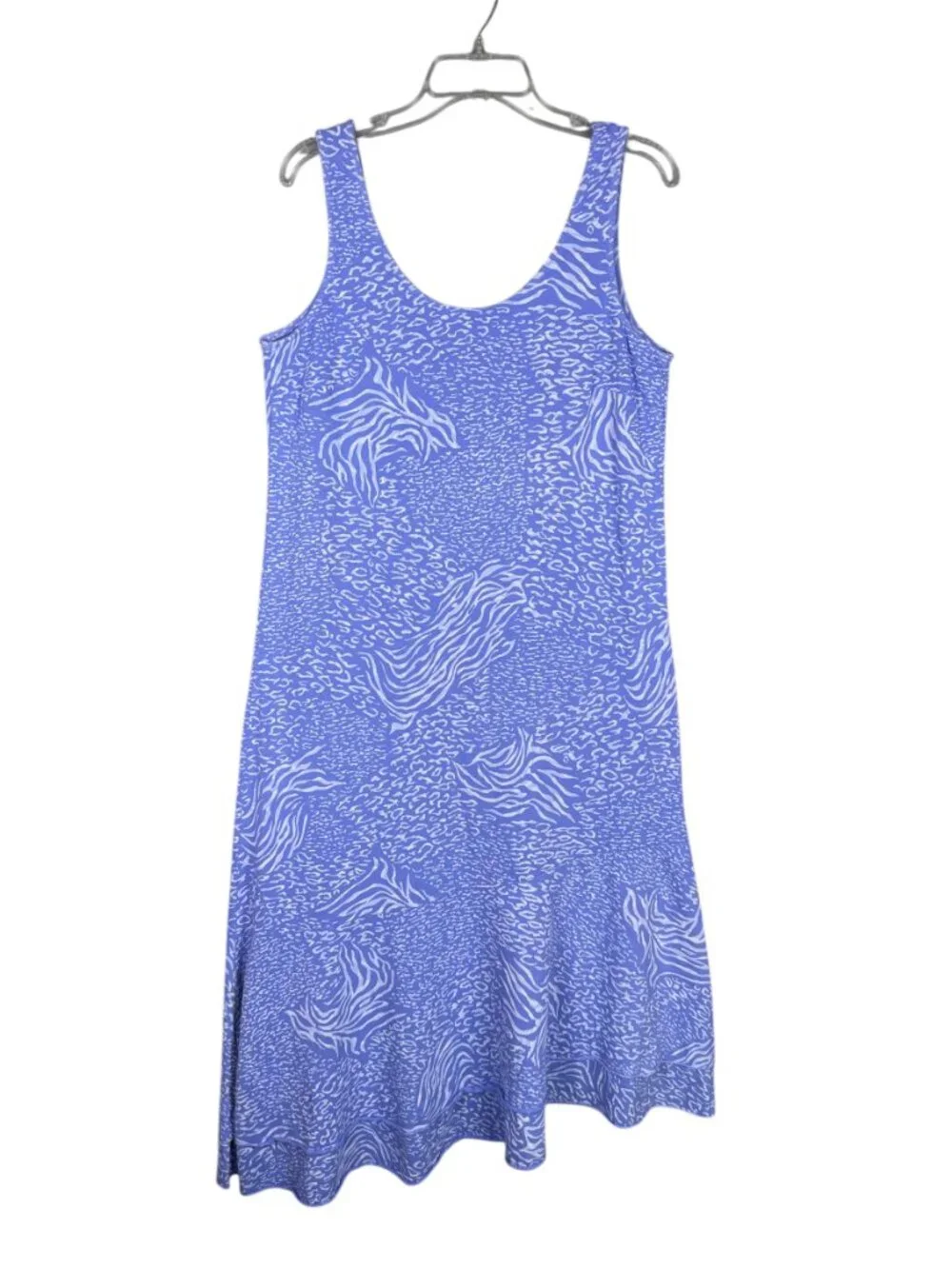 Fresh Produce L Sleeveless Tank Midi Dress Asymmetric Ruffle Hem Blue Ocean Prin - Picture 2 of 10